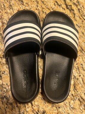 Adidas Black Slides with White Three-Stripes
